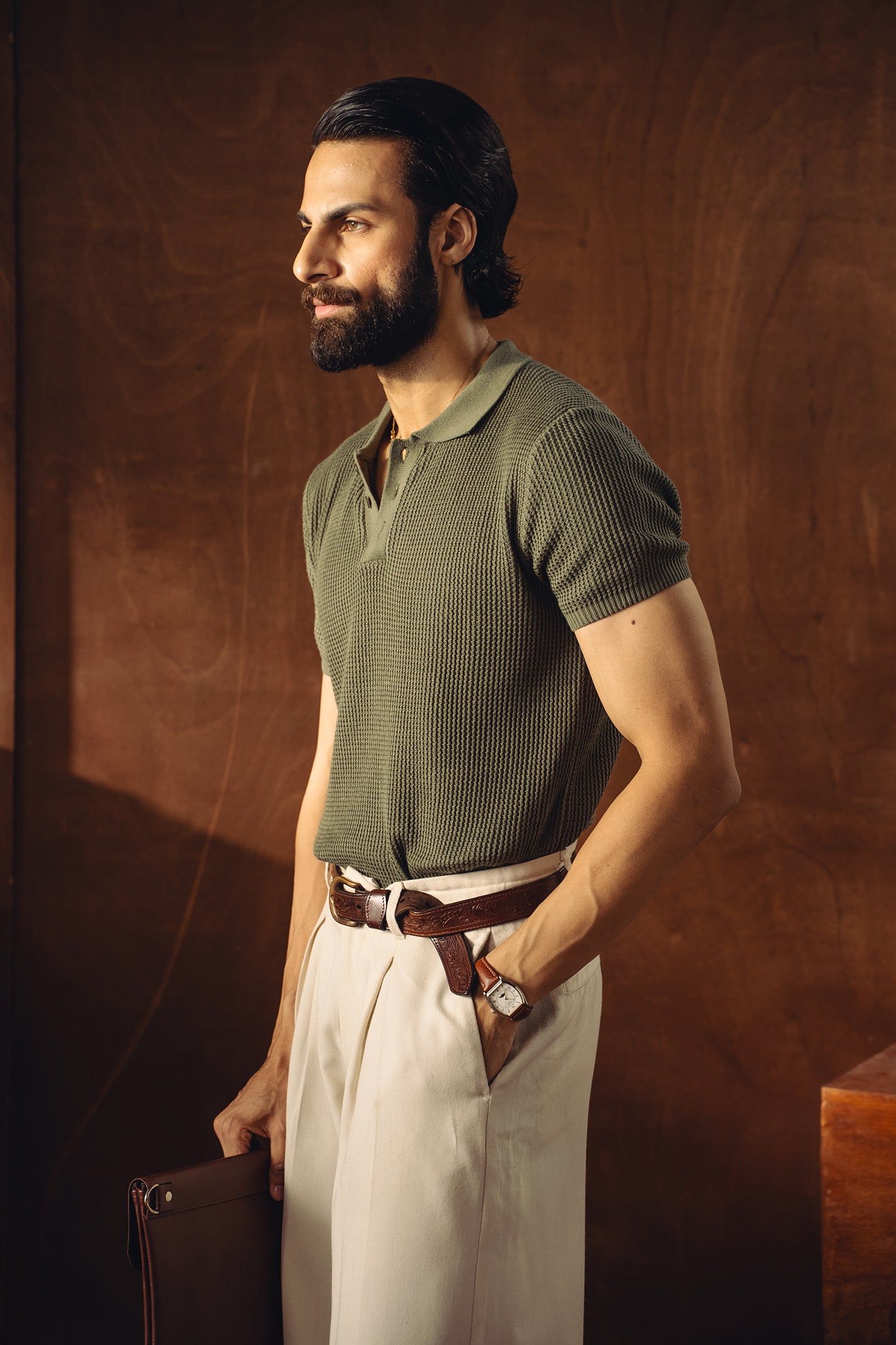 Textured Knitted Polo Shirt – Light Olive