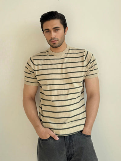 Men Soft Knit Stripe Tee - Cream and Green