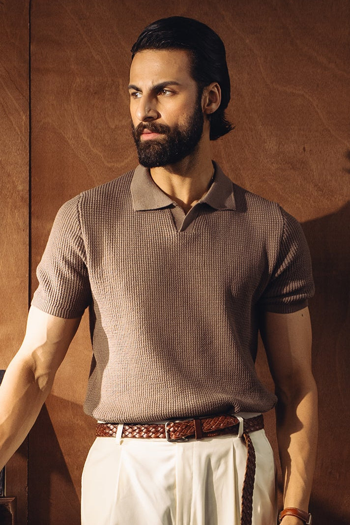 Johnny Collar Textured Knitted Polo Shirt – Camel Main image