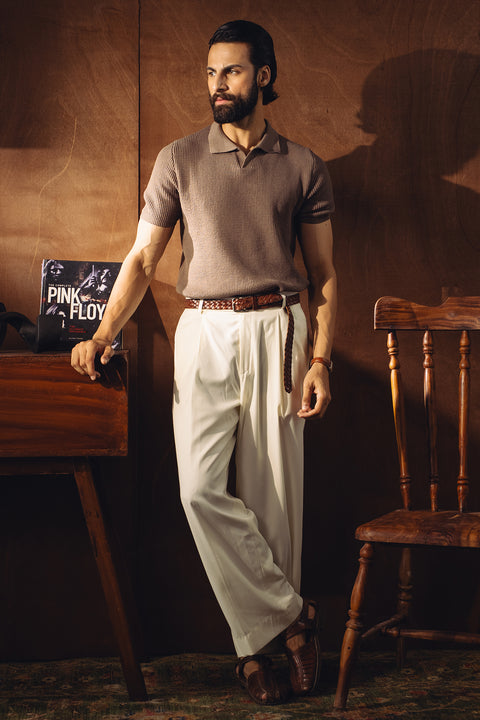 Johnny Collar Textured Knitted Polo - Camel