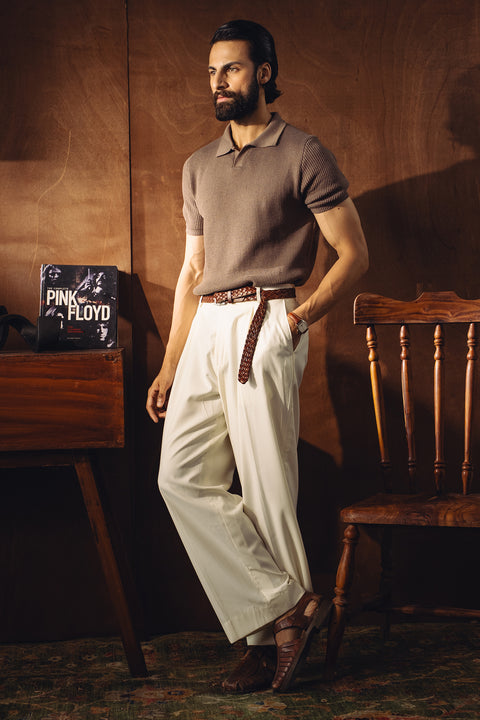 Johnny Collar Textured Knitted Polo - Camel