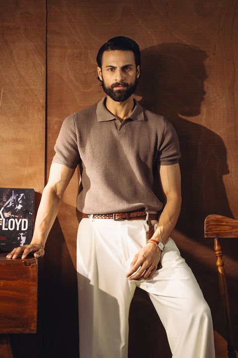 Johnny Collar Textured Knitted Polo - Camel