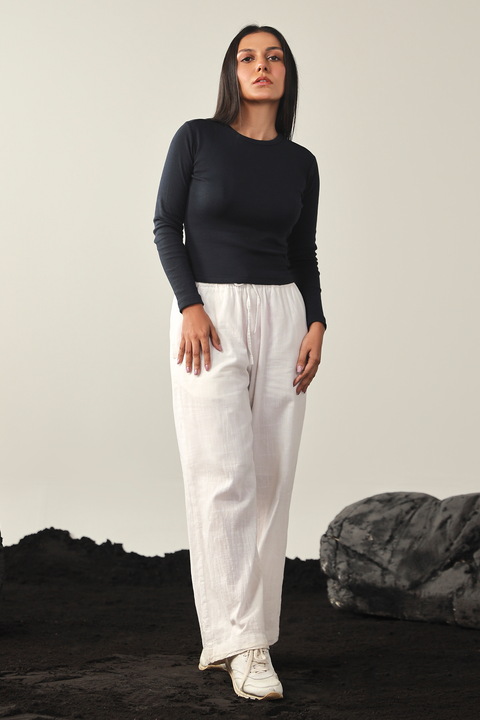Round Neck Ribbed Top - Navy