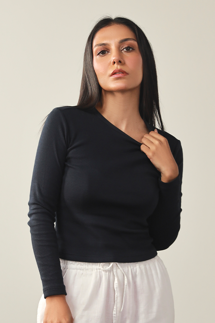 Round Neck Ribbed Top - Navy
