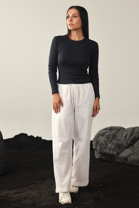 Round Neck Ribbed Top - Navy