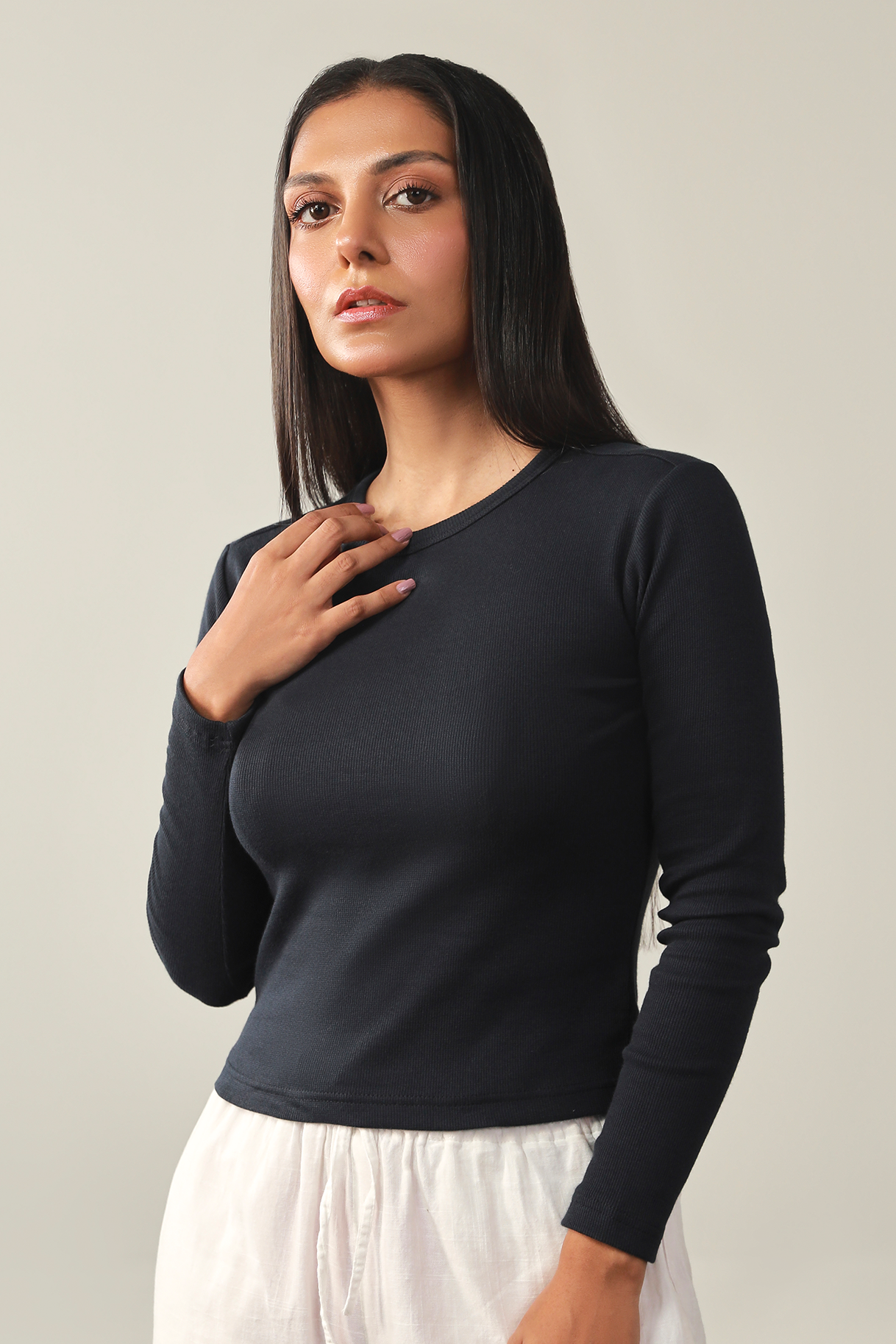 Round Neck Ribbed Top - Navy