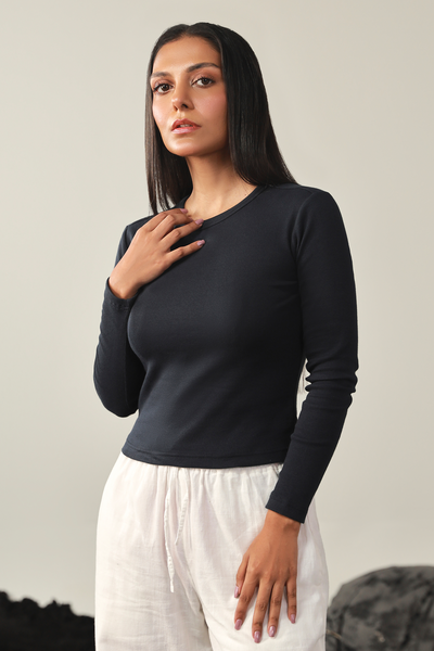 Round Neck Ribbed Top - Navy
