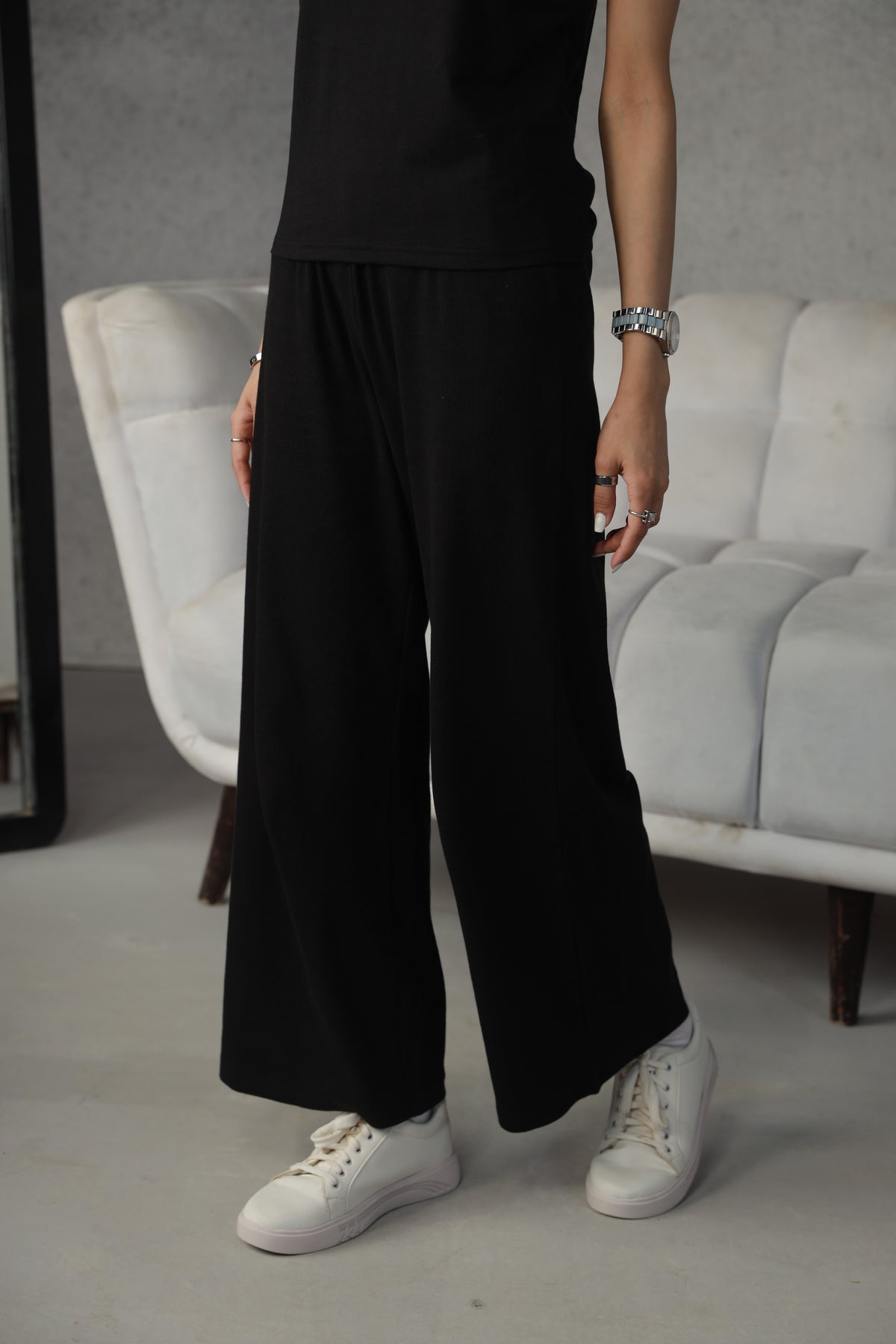 Rib Wide Leg Pants - Black Main image