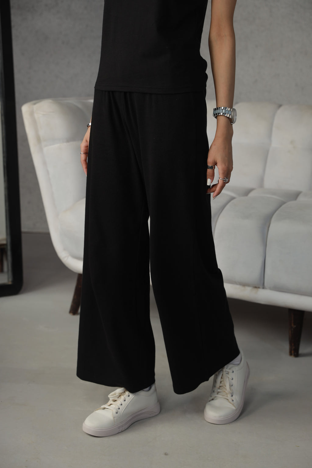 Rib Wide Leg Pants - Black