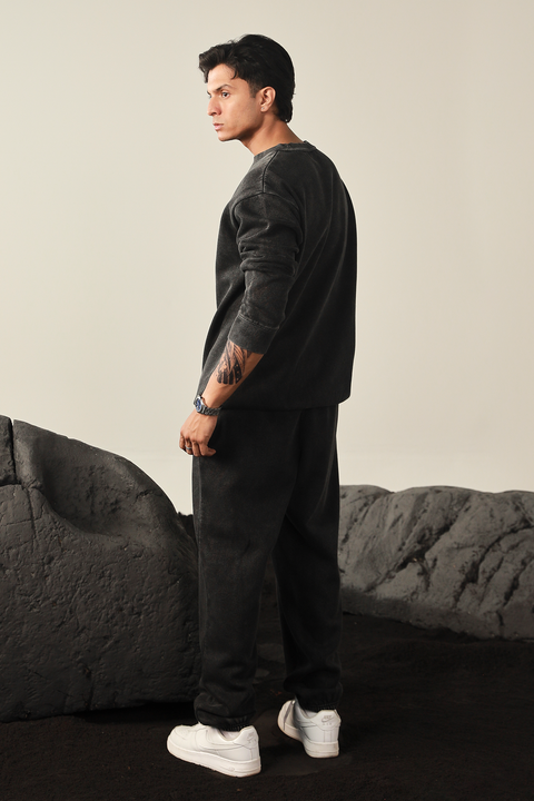 Men Washed Sweatset- Black