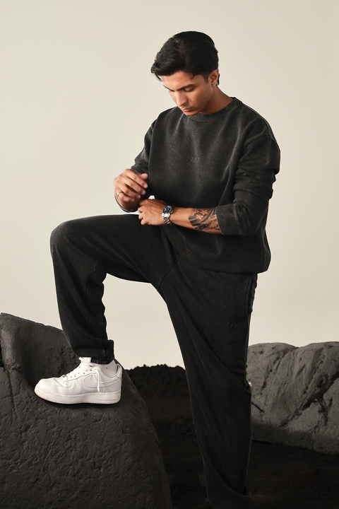 Men Washed Sweatset- Black