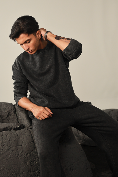 Men Washed Sweatset- Black