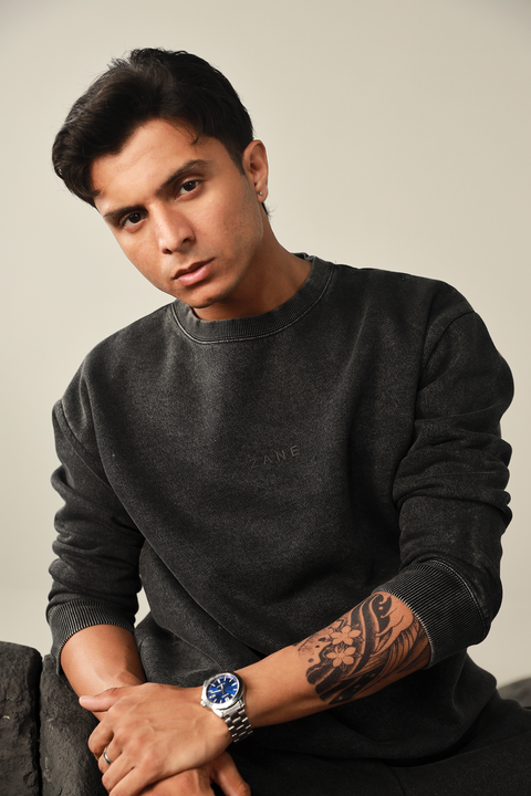 Men Washed Sweatset- Black