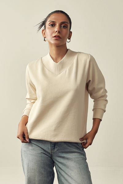 V Neck Sweat Shirt - Beige