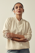 V Neck Sweat Shirt - Beige