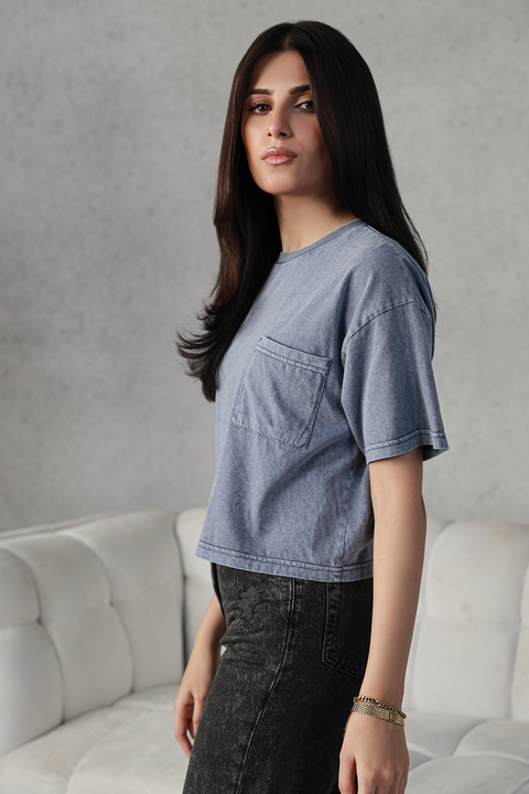 Washed Cropped Tee - Indigo