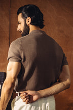 Johnny Collar Textured Knitted Polo Shirt – Camel