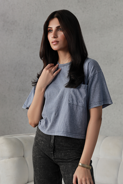 Washed Cropped Tee - Indigo