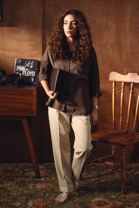 Satin Button-down Shirt - Chocolate Brown