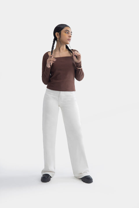 Square Neck Ribbed Top - Brown