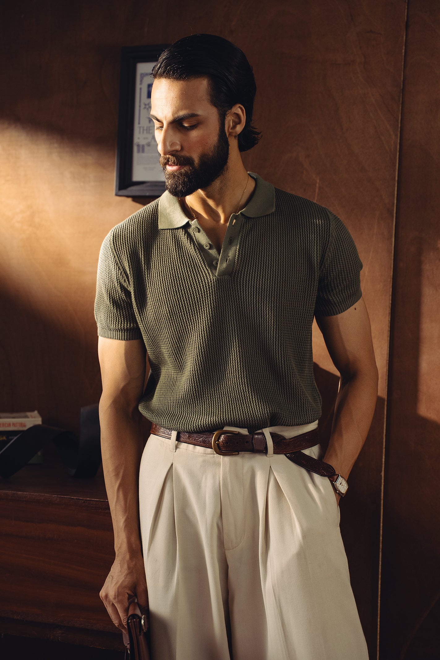 Textured Knitted Polo Shirt – Light Olive