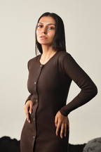 Rib Button Down Dress - Dark Chocolate