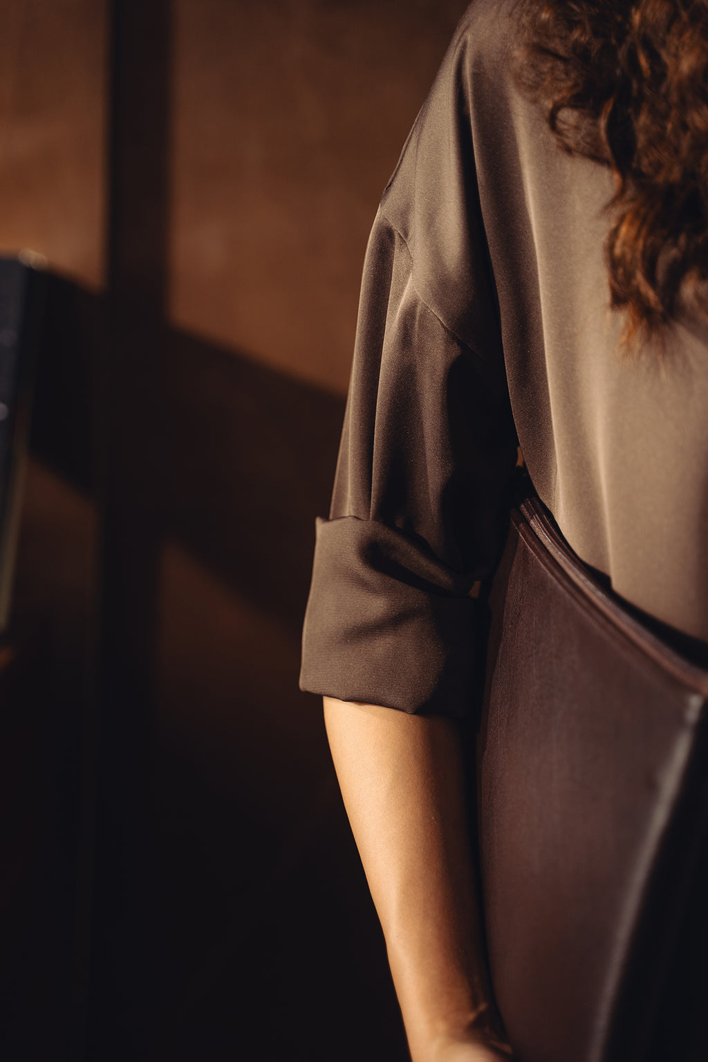 Satin Button-down Shirt - Chocolate Brown