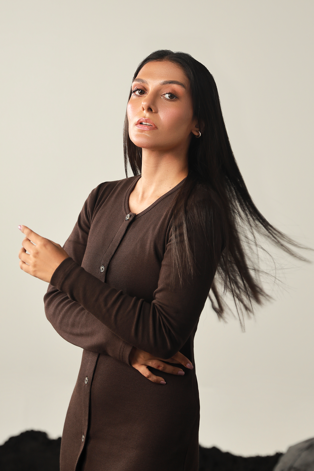 Rib Button Down Dress - Dark Chocolate
