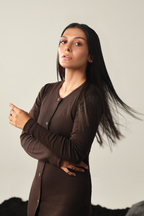 Rib Button Down Dress - Dark Chocolate