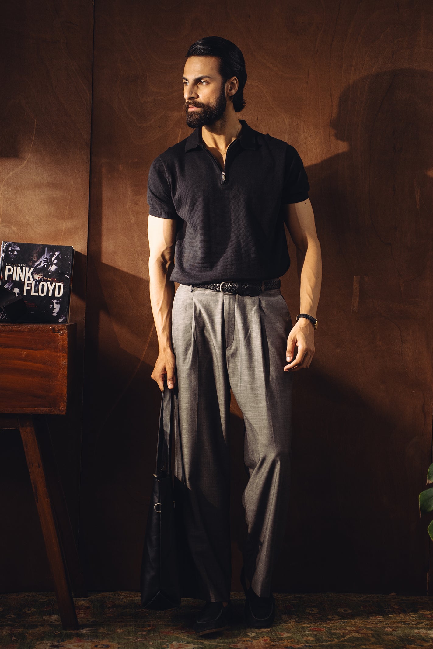 Fine Knit Zipper Polo Shirt – Black