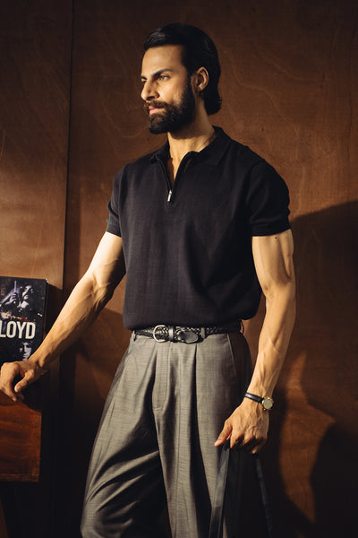 Fine Knit Zipper Polo Shirt – Black