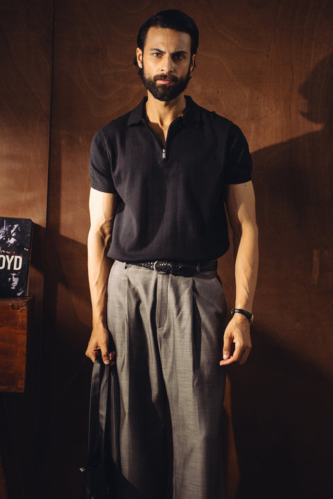 Fine Knit Zipper Polo - Black