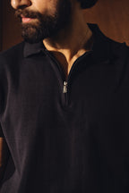 Fine Knit Zipper Polo Shirt – Black