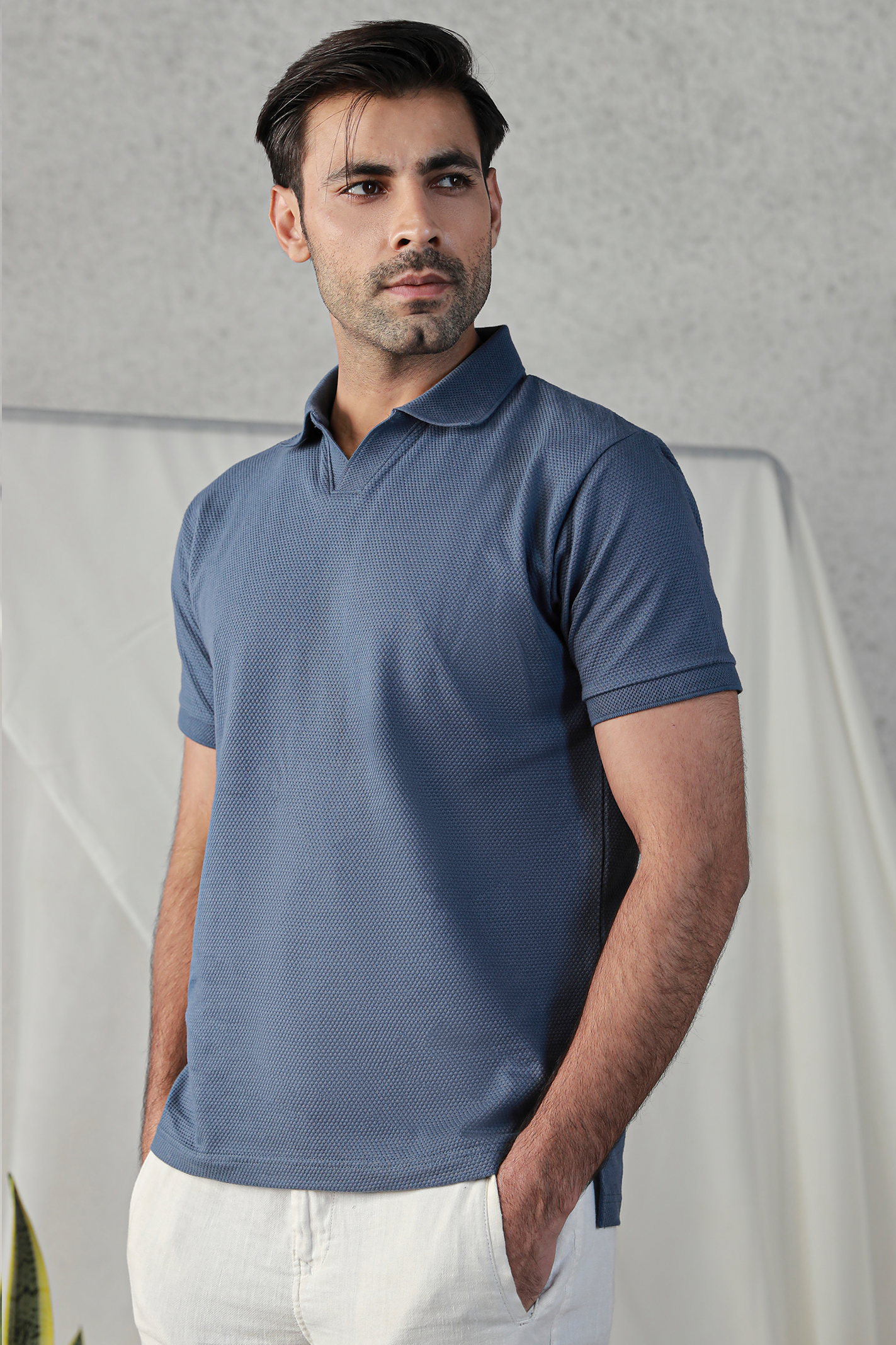 textured indigo sky blue polo t-shirt Main image