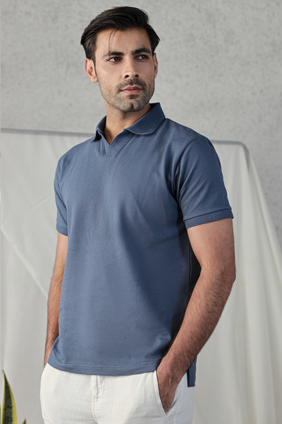 textured indigo sky blue polo t-shirt