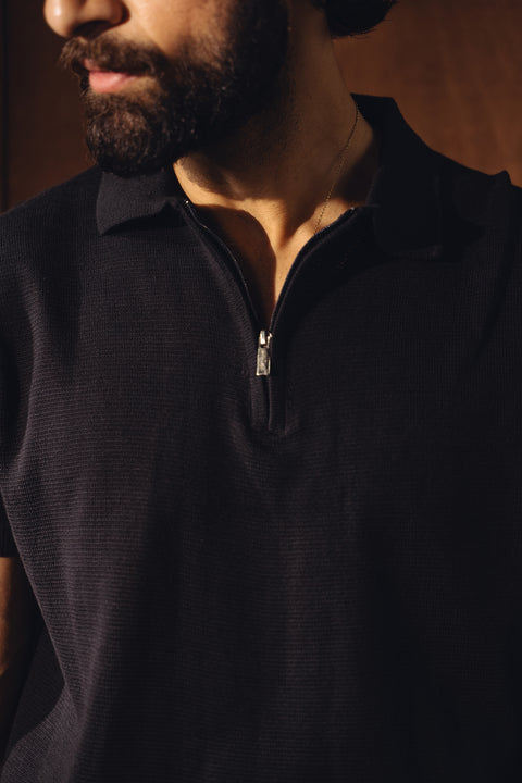 Fine Knit Zipper Polo - Black