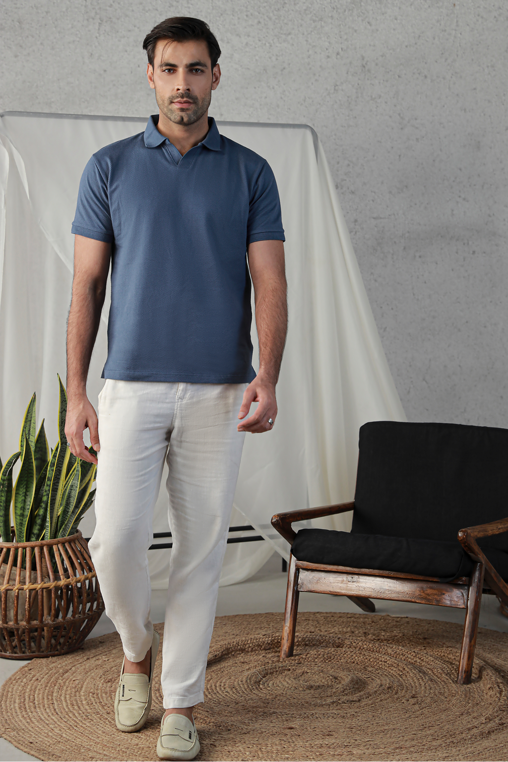 textured indigo sky blue polo t-shirt