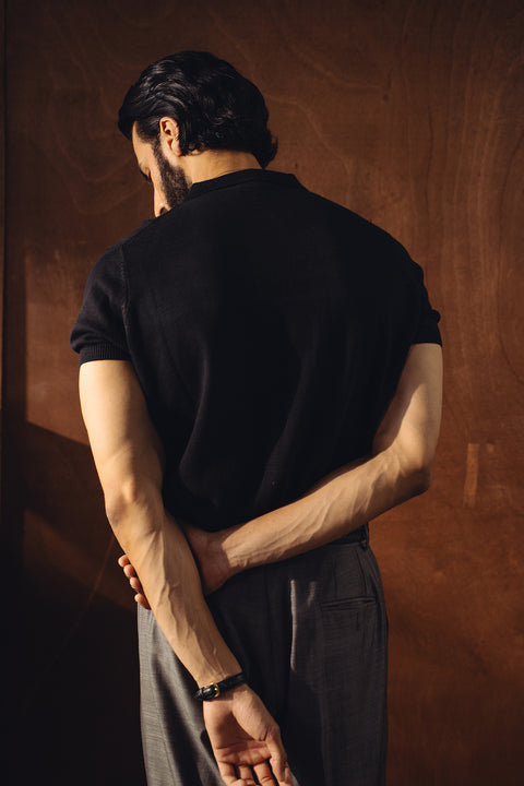 Fine Knit Zipper Polo - Black