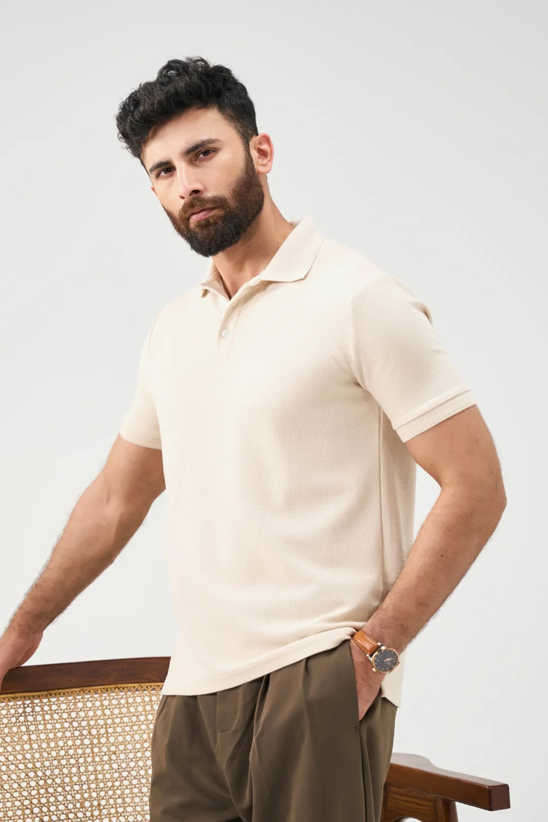 Diamond Texture Polo Shirt - Cream