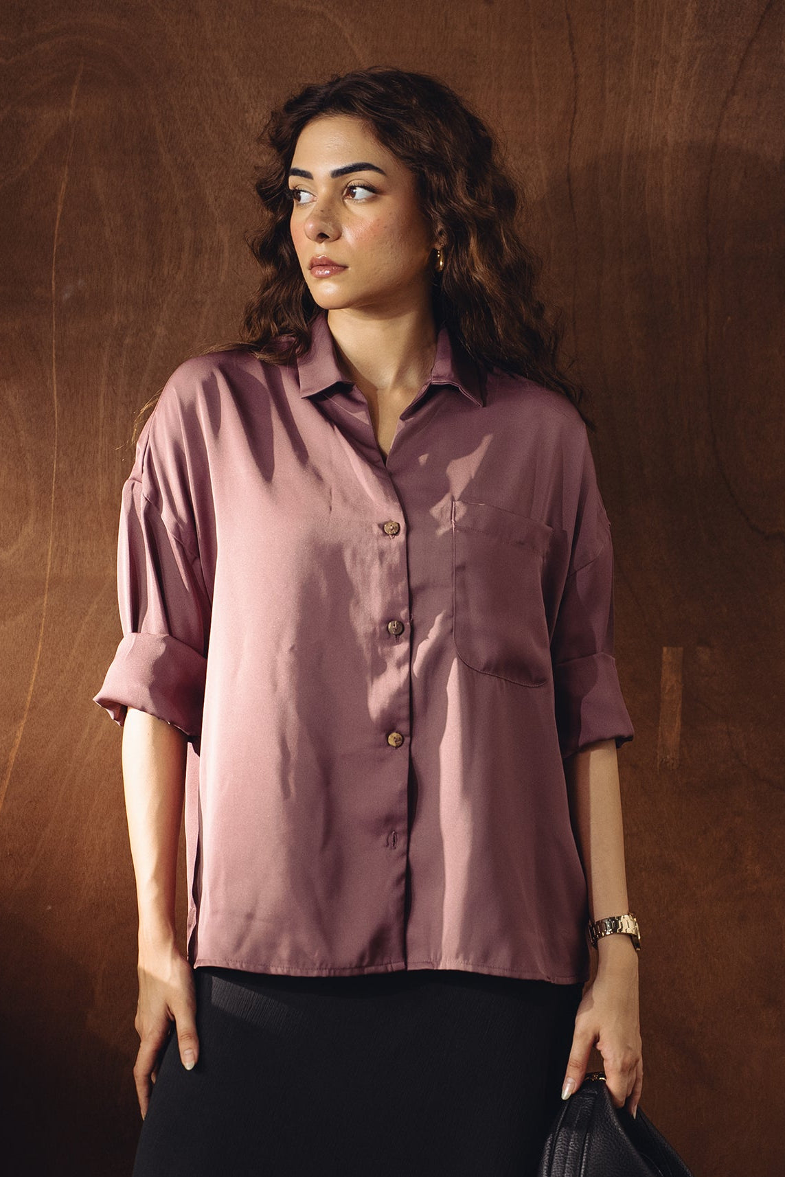 Satin Button-down Shirt - Tea Pink Main image
