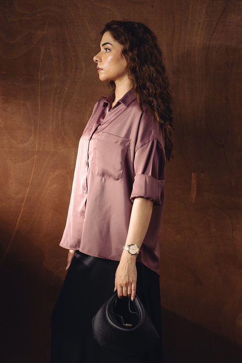 Satin Button-down Shirt - Tea Pink
