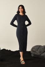 Rib Button Down Dress - Navy