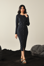 Rib Button Down Dress - Navy