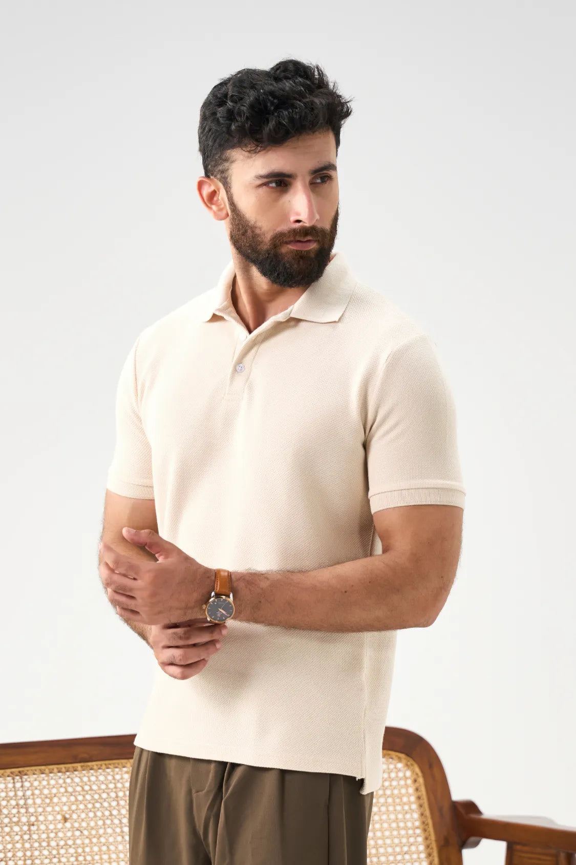 Diamond Texture Polo Shirt - Cream
