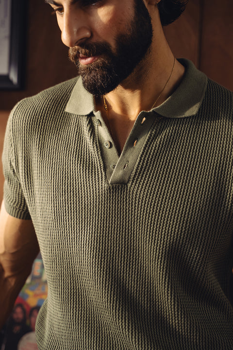 Textured Knitted Polo - Light Olive