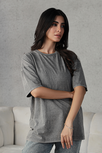 Women Oversized Wash Tee - Charcoal