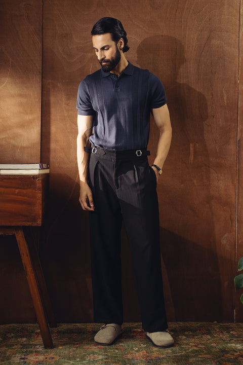 Jacquard Fine Knit Polo - Navy