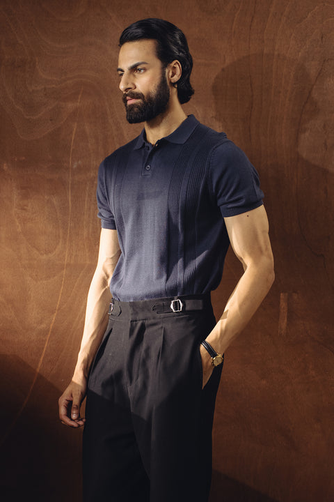 Jacquard Fine Knit Polo - Navy