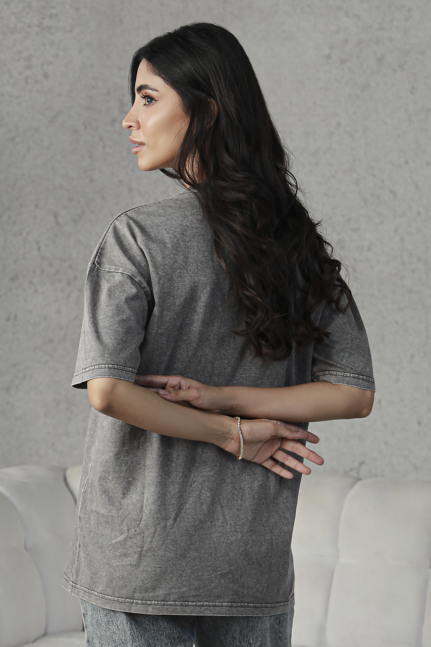 Women Oversized Wash Tee - Charcoal