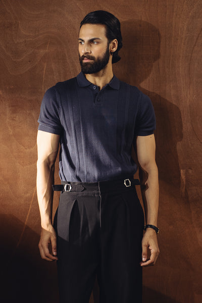Jacquard Fine Knit Polo Shirt – Navy Blue